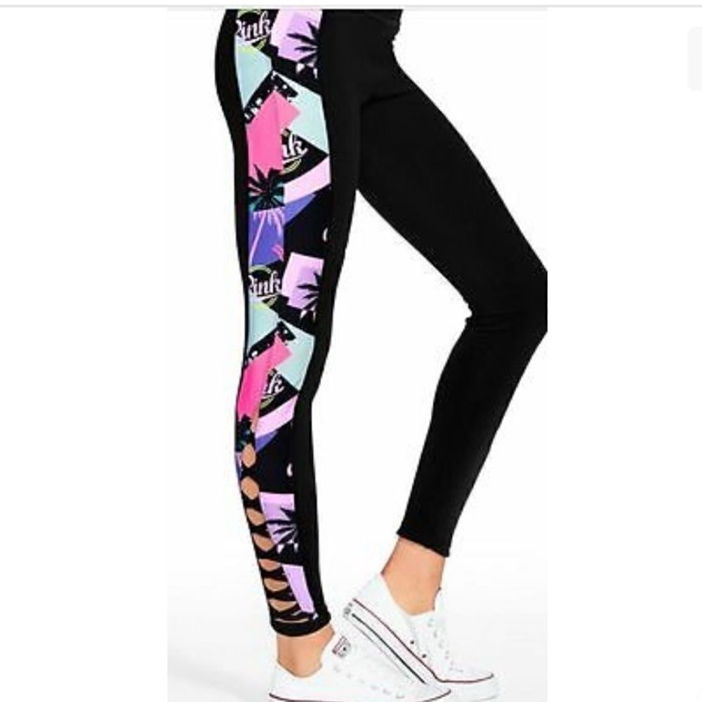Victorias Secret Pink Ultimate High Rise Retro Graffiti Leggings Neon Cut Out XS